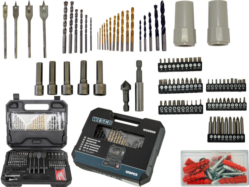 KIT BROCAS + ACESSÓRIOS COM MALETA  WESCO 125 PEÇAS WS9958