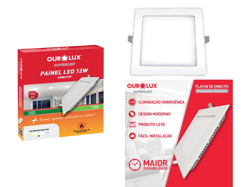 PLAFON LED OUROLUX EMBUTIR QUADRADO 6500K 12W