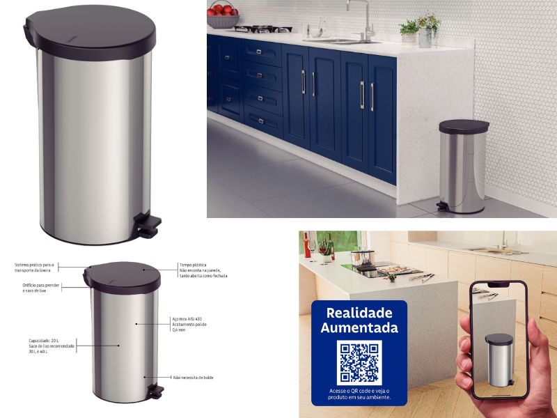 LIXEIRA INOX/TAMPA PLASTICA PEDAL LOOP TRAMONTINA 20L